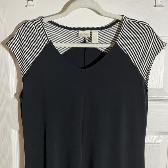 Chicos Blocked Striped Maxi Dress Black and White Pull Over V Neck Size 1 Medium - Picture 2 of 15